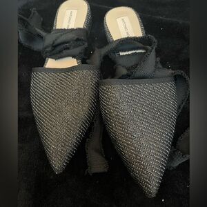 Antonio Melani black tweed pointed toe flats shoes ribbon lace up straps, size 7
